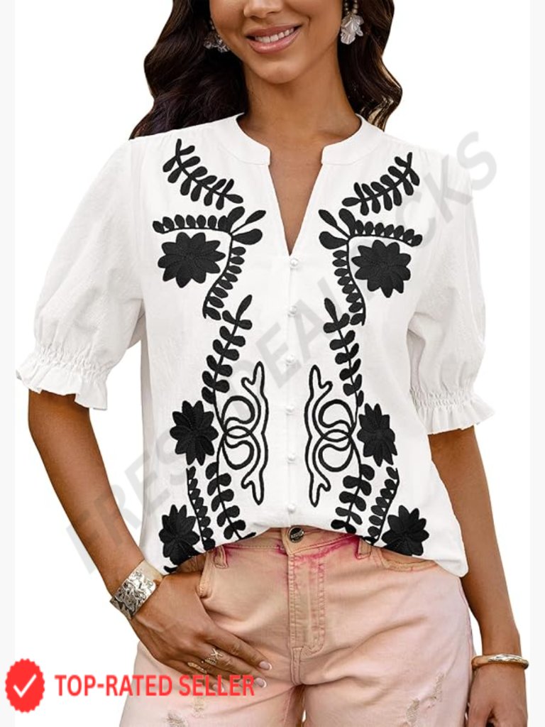 Floral Embroidered Boho Blouse Puff Sleeve Button Down V Neck Casual Top